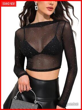 Sheer Mesh Crop Top with Silver Glitter Cap Sleeve Party Top